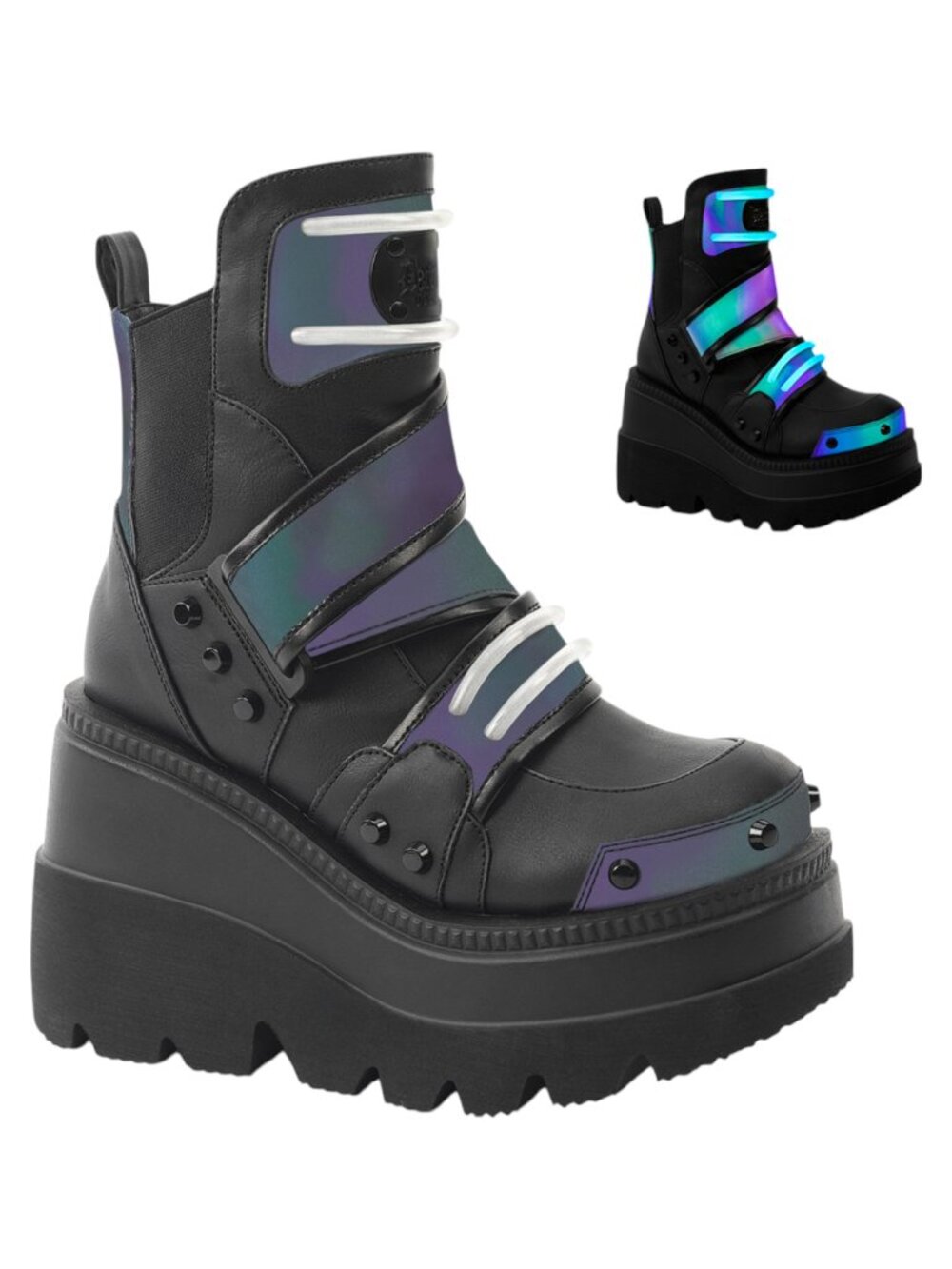 Reflective Platform Boots: Gothic Festival Wedge Ankle Booties
